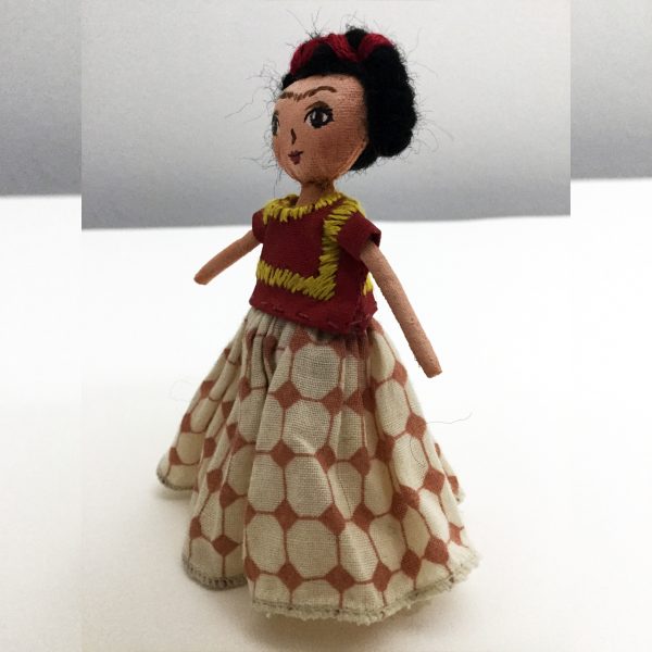 Mini Frida Kahlo Doll in Red Huipil & Printed Skirt