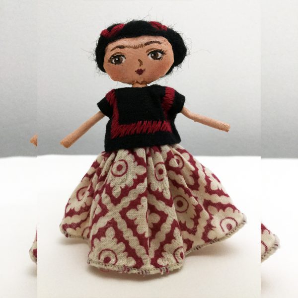 Mini Frida Kahlo Doll in Black Huipil & Printed Skirt
