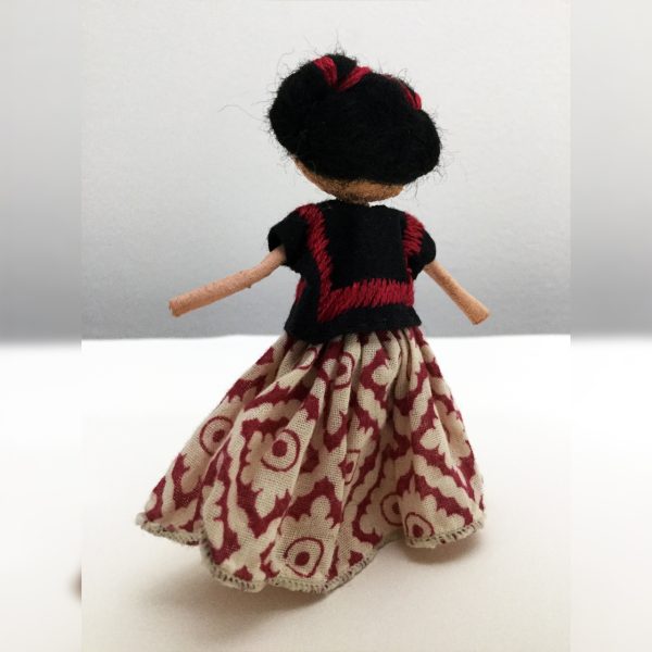 Mini Frida Kahlo Doll in Black Huipil & Printed Skirt