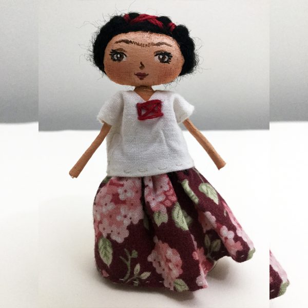 Mini Frida Kaho Doll in Embroidered White Huipil